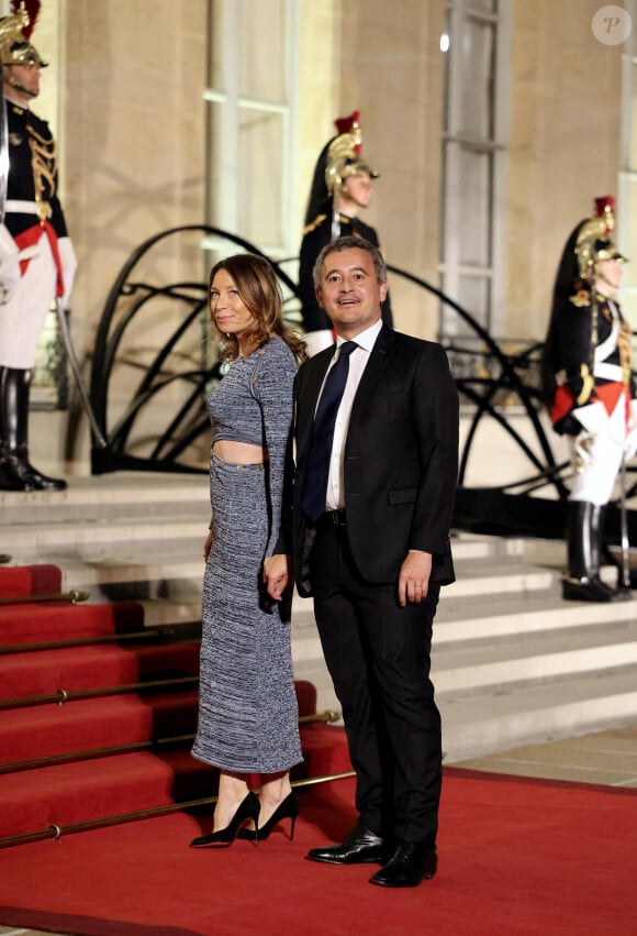 Gérald Darmanin et sa femme Rose-Marie Devillers arrivant au dîner d'état au palais de l'Elysée à Paris en l'honneur de la visite du roi et de la reine de Belgique en France le 14 octobre 2024. © Dominique Jacovides / Bestimage