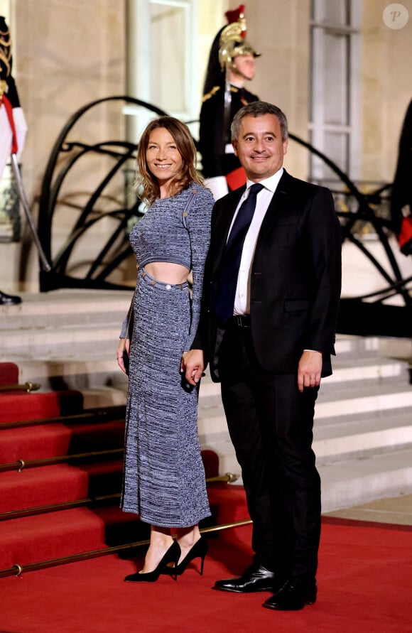 Gérald Darmanin et sa femme Rose-Marie Devillers arrivant au dîner d'état au palais de l'Elysée à Paris en l'honneur de la visite du roi et de la reine de Belgique en France le 14 octobre 2024. © Dominique Jacovides / Bestimage