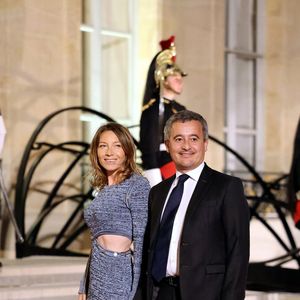 Gérald Darmanin et sa femme Rose-Marie Devillers arrivant au dîner d'état au palais de l'Elysée à Paris en l'honneur de la visite du roi et de la reine de Belgique en France le 14 octobre 2024. © Dominique Jacovides / Bestimage