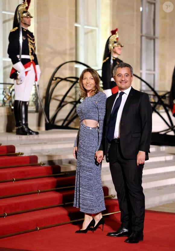 Gérald Darmanin et sa femme Rose-Marie Devillers arrivant au dîner d'état au palais de l'Elysée à Paris en l'honneur de la visite du roi et de la reine de Belgique en France le 14 octobre 2024. © Dominique Jacovides / Bestimage