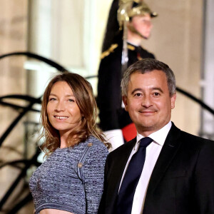 Gérald Darmanin et sa femme Rose-Marie Devillers arrivant au dîner d'état au palais de l'Elysée à Paris en l'honneur de la visite du roi et de la reine de Belgique en France le 14 octobre 2024. © Dominique Jacovides / Bestimage