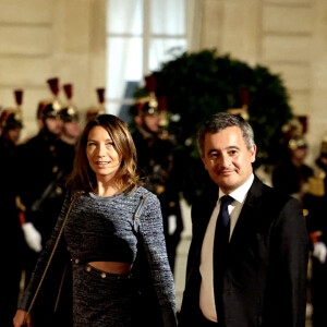 Gérald Darmanin et sa femme Rose-Marie Devillers arrivant au dîner d'état au palais de l'Elysée à Paris en l'honneur de la visite du roi et de la reine de Belgique en France le 14 octobre 2024. © Dominique Jacovides / Bestimage