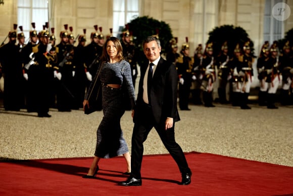 Gérald Darmanin et sa femme Rose-Marie Devillers arrivant au dîner d'état au palais de l'Elysée à Paris en l'honneur de la visite du roi et de la reine de Belgique en France le 14 octobre 2024. © Dominique Jacovides / Bestimage