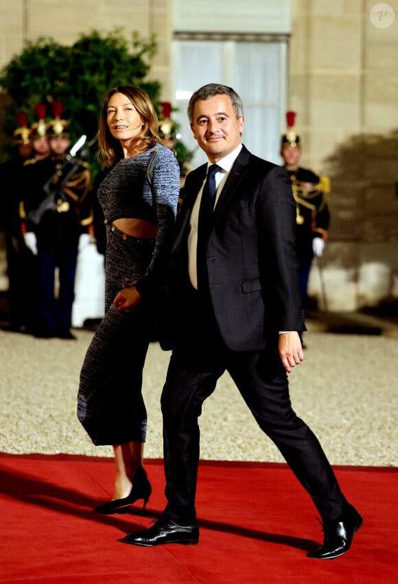 Gérald Darmanin et sa femme Rose-Marie Devillers arrivant au dîner d'état au palais de l'Elysée à Paris en l'honneur de la visite du roi et de la reine de Belgique en France le 14 octobre 2024. © Dominique Jacovides / Bestimage