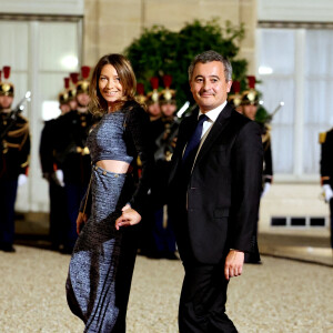 Gérald Darmanin et sa femme Rose-Marie Devillers arrivant au dîner d'état au palais de l'Elysée à Paris en l'honneur de la visite du roi et de la reine de Belgique en France le 14 octobre 2024. © Dominique Jacovides / Bestimage