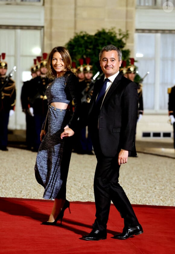 Gérald Darmanin et sa femme Rose-Marie Devillers arrivant au dîner d'état au palais de l'Elysée à Paris en l'honneur de la visite du roi et de la reine de Belgique en France le 14 octobre 2024. © Dominique Jacovides / Bestimage