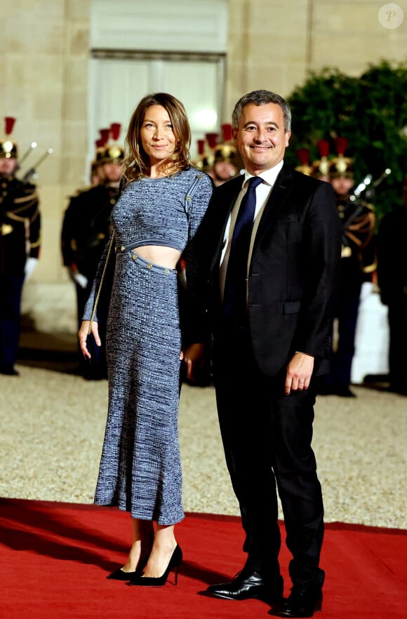 Gérald Darmanin et sa femme Rose-Marie Devillers arrivant au dîner d'état au palais de l'Elysée à Paris en l'honneur de la visite du roi et de la reine de Belgique en France le 14 octobre 2024. © Dominique Jacovides / Bestimage