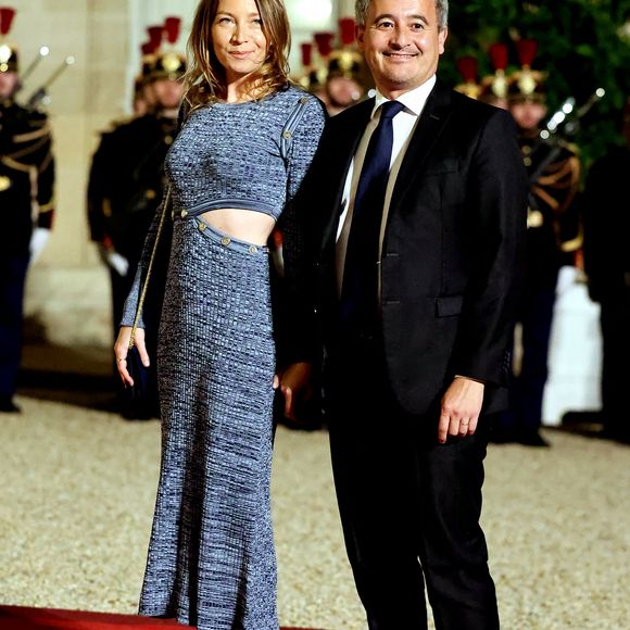 Gérald Darmanin et sa femme Rose-Marie Devillers arrivant au dîner d'état au palais de l'Elysée à Paris en l'honneur de la visite du roi et de la reine de Belgique en France le 14 octobre 2024. © Dominique Jacovides / Bestimage