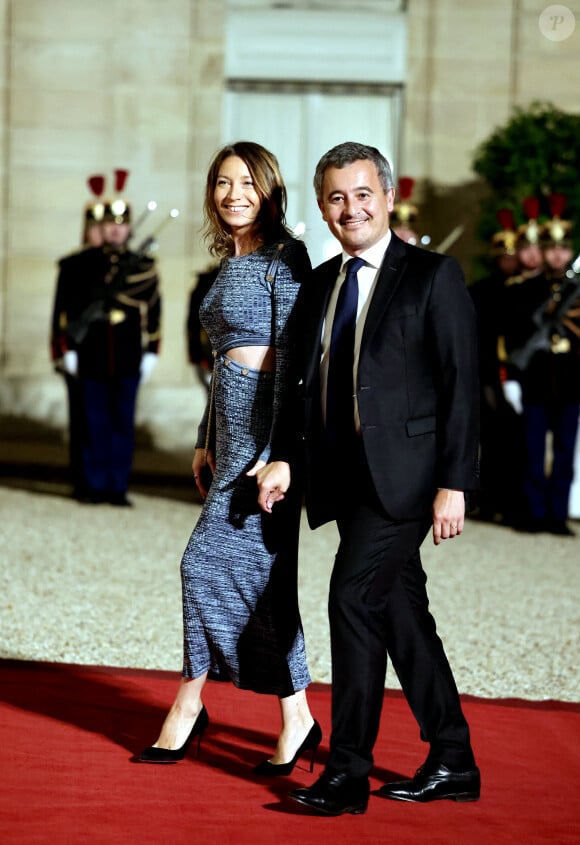 Gérald Darmanin et sa femme Rose-Marie Devillers arrivant au dîner d'état au palais de l'Elysée à Paris en l'honneur de la visite du roi et de la reine de Belgique en France le 14 octobre 2024. © Dominique Jacovides / Bestimage