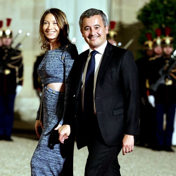 Gérald Darmanin et sa femme Rose-Marie Devillers arrivant au dîner d'état au palais de l'Elysée à Paris en l'honneur de la visite du roi et de la reine de Belgique en France le 14 octobre 2024. © Dominique Jacovides / Bestimage