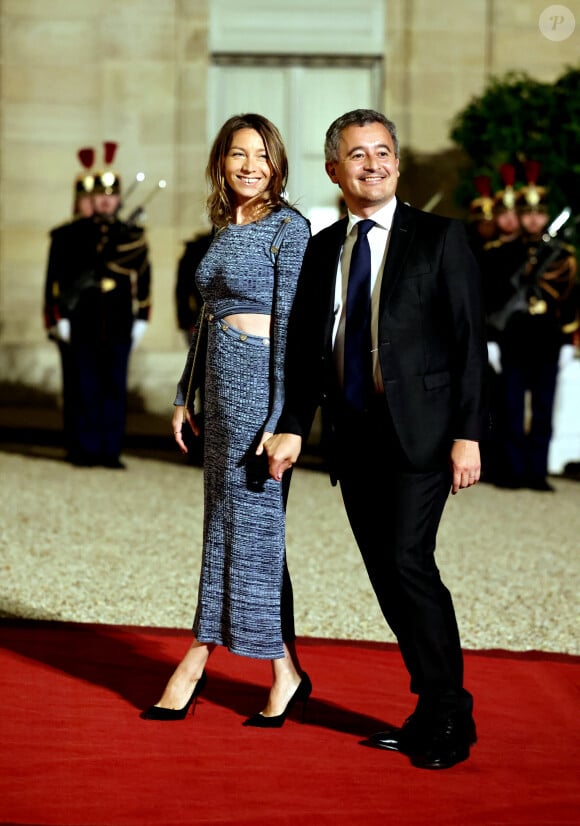 Gérald Darmanin et sa femme Rose-Marie Devillers arrivant au dîner d'état au palais de l'Elysée à Paris en l'honneur de la visite du roi et de la reine de Belgique en France le 14 octobre 2024. © Dominique Jacovides / Bestimage