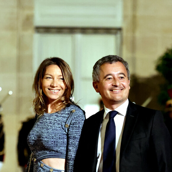 Gérald Darmanin et sa femme Rose-Marie Devillers arrivant au dîner d'état au palais de l'Elysée à Paris en l'honneur de la visite du roi et de la reine de Belgique en France le 14 octobre 2024. © Dominique Jacovides / Bestimage