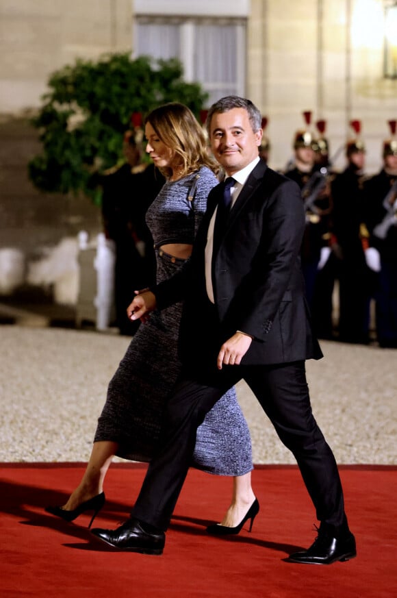 Gérald Darmanin et sa femme Rose-Marie Devillers arrivant au dîner d'état au palais de l'Elysée à Paris en l'honneur de la visite du roi et de la reine de Belgique en France le 14 octobre 2024. © Dominique Jacovides / Bestimage