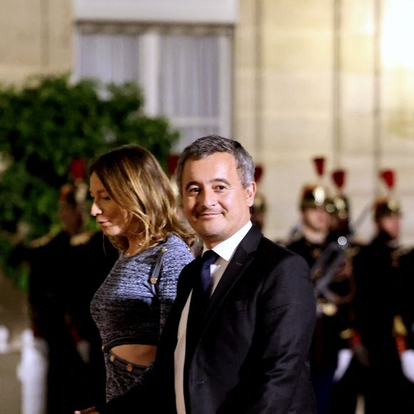 Gérald Darmanin et sa femme Rose-Marie Devillers arrivant au dîner d'état au palais de l'Elysée à Paris en l'honneur de la visite du roi et de la reine de Belgique en France le 14 octobre 2024. © Dominique Jacovides / Bestimage