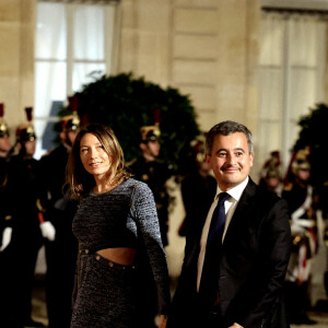 Gérald Darmanin et sa femme Rose-Marie Devillers arrivant au dîner d'état au palais de l'Elysée à Paris en l'honneur de la visite du roi et de la reine de Belgique en France le 14 octobre 2024. © Dominique Jacovides / Bestimage