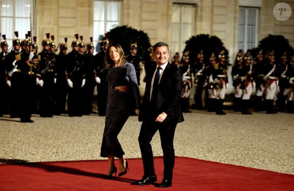 Gérald Darmanin et sa femme Rose-Marie Devillers arrivant au dîner d'état au palais de l'Elysée à Paris en l'honneur de la visite du roi et de la reine de Belgique en France le 14 octobre 2024. © Dominique Jacovides / Bestimage