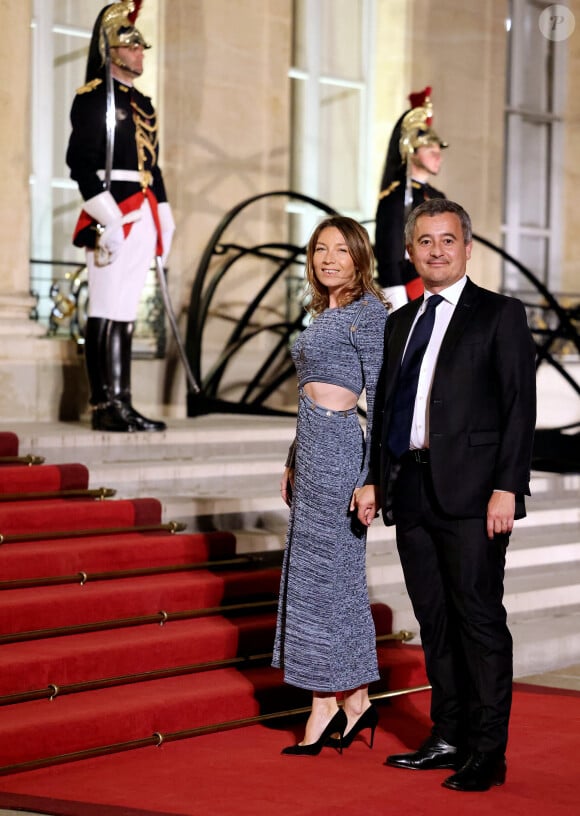 Gérald Darmanin et sa femme Rose-Marie Devillers arrivant au dîner d'état au palais de l'Elysée à Paris en l'honneur de la visite du roi et de la reine de Belgique en France le 14 octobre 2024. © Dominique Jacovides / Bestimage