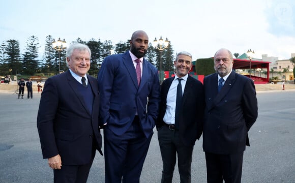 Sidney Toledano, Teddy Riner, Ramzi Khiroun et Eric Dupond-Moretti - Cérémonie d'accueil officielle du Président de la République, Emmanuel Macron et de Brigitte Macron sur la place Mechouar à Rabat au Maroc le 28 octobre 2024. © Dominique Jacovides/Bestimage 