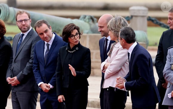 Sébastien Lecornu, Ministre des Armées, Rachida Dati Ministre de la Culture, Bruno Retailleau, Ministre de l'Intérieur - Cérémonie d'accueil officielle du Président de la République, Emmanuel Macron et de Brigitte Macron sur la place Mechouar à Rabat au Maroc le 28 octobre 2024. © Dominique Jacovides/Bestimage 