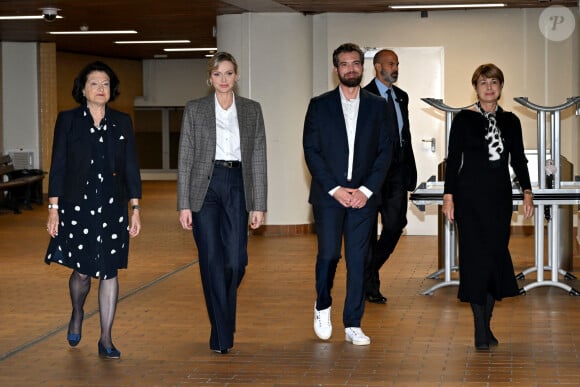 Exclusif -  Mme Yvette Lambin-Berti, secrétaire général du Comité Olympique Monégasque, la princesse Charlene, Pierre Klaveren, le président de Special Olympics Monaco, et Mme Isabelle Berro Amadei, la ministre des affaires étrangères et de la coopération de Monaco - La princesse Charlene de Monaco a présidé la cérémonie d'ouverture du meeting européen de natation " Princesse Charlène " organisé par Special Olympics Monaco au Centre Nautique Albert II à Monaco, le 26 octobre 2024.