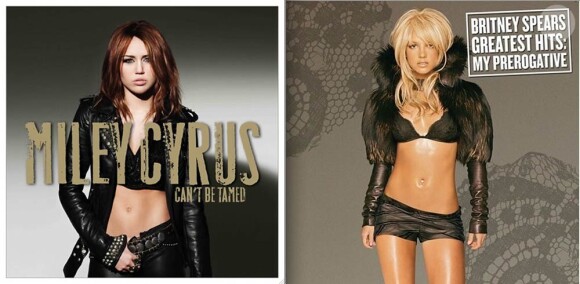 A gauche : Can't be tamed, de Miley Cyrus (2010). A droite : Greatest Hits : My Prerogative de Britney Spears (2004).