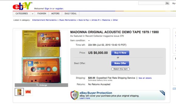 Annonce Ebay pour la cassette de Madonna