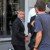 George Clooney et John Malkovich sont sur le tournage de la nouvelle pub Nespresso à Milan en Italie le 3 août 2010