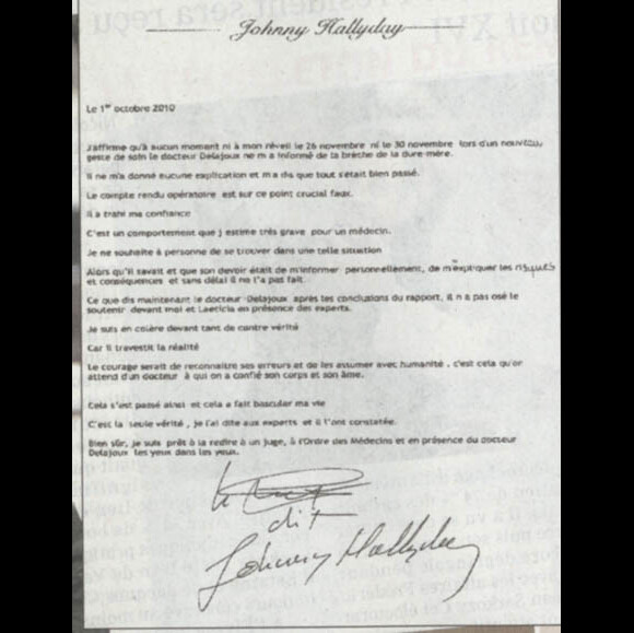 Lettre de Johnny Hallyday adressée au JDD, suite au résultat définitif concernant la dégradation de son état de santé en 2009.