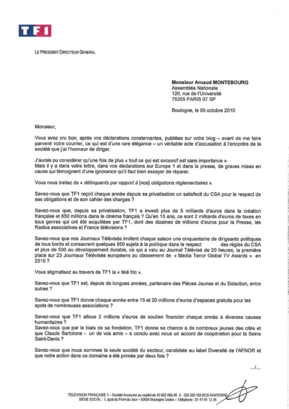 Lettre de Nonce Paolini à Arnaud Montebourg, du 5 octobre 2010