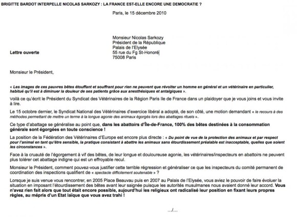 Lettre ouverte de Brigitte Bardot à Nicolas Sarkozy du 15 décembre 2010 (partie 1)