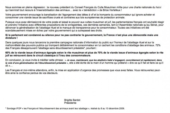 Lettre ouverte de Brigitte Bardot à Nicolas Sarkozy du 15 décembre 2010 (partie 2)