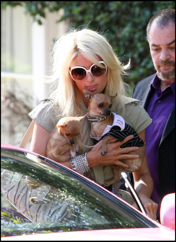 Paris Hilton et ses chiens, lors d'une visite à sa soeur Nicky à Los Angeles