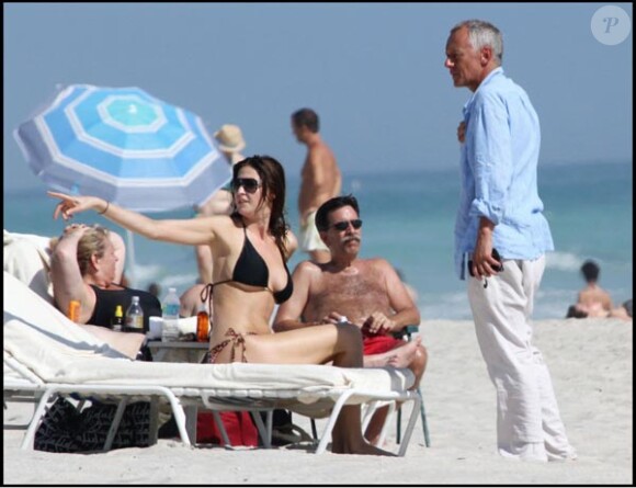 La ravissante Lisa Snowdon se fait bronzer sur une plage de South Beach, à Miami, en février 2011.