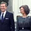 Le président fédéral allemand Christian Wulff, sa femme Bettina, le roi Juan Carlos, sa femme Sofia, le prince Felipe et Letizia d'Espagne à Madrid, le 11 février 2011.