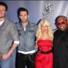 Blake Shelton, Adam Levine, Christina Aguilera et Cee Lo Green  lors de la conférence de presse pour l'émission The Voice aux studios de Los Angeles