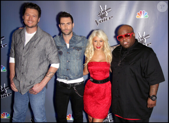 Blake Shelton, Adam Levine, Christina Aguilera et Cee Lo Green  lors de la conférence de presse pour l'émission The Voice aux studios de Los Angeles