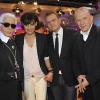 Inès de la Fressange entourée de ses amis Karl Lagerfeld, Jean-Charles de Castelbajac et Jean-Paul Gaultier lors de l'enregistrement de l'émission Vivement Dimanche diffusée le 27 mars 2011.