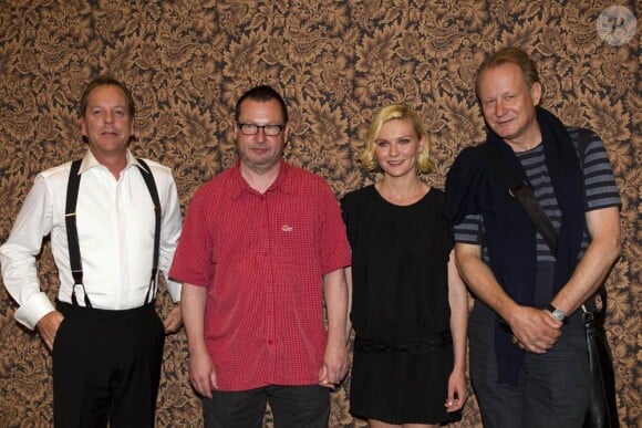 Kiefer Sutherland, Lars Von Trier, Kirsten Dunst et Stellan Skarsgard, lors de la conférence de presse pré-tournage de Melancholia, en juillet 2010.