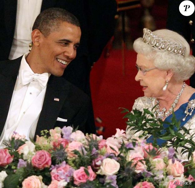 Barack Obama et Elizabeth II, dîner de gala à Buckingham Palace, à Londres, le 24 mai 2011.