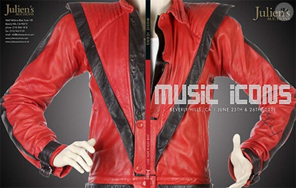 La vente aux enchères Music Icons se tiendra les 25 et 26 juin 2011 à Los Angeles. Le blouson de cuir rouge du clip Thriller de Michael Jackson en est la pièce maîtresse.