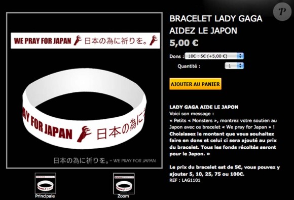 La bracelet "We pray for Japan" en vente ser le site officiel de Lady Gaga en faveur des victimes du tremblement de terre et du tsunami.