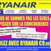 Capture d'écran de la page d'accueil du site Ryanair avec la publicité se moquant de la mésaventure de Gérard Depardieu