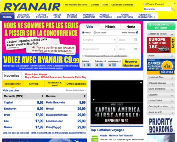 Capture d'écran de la page d'accueil du site Ryanair avec la publicité se moquant de la mésaventure de Gérard Depardieu