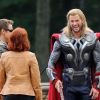 Jeremy Renner, Scarlett Johansson et Chris Hemsworth sur le tournage de The Avengers, à New York, le 2 septembre 2011.