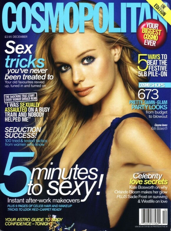 Décembre 2008 : l'actrice Kate Bosworth apparaît en couverture du Cosmopolitan britannique.