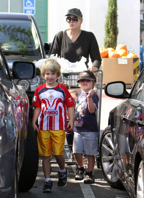 La sublime Sharon Stone fait des courses avec ses deux fils Laird et Quinn, à Los Angeles, le 10 octobre 2011.