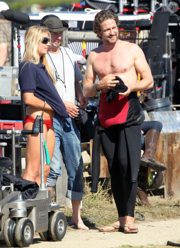 Gerard Butler sur le tournage de Of Men and Mavericks, le 11 octobre 2011 à Los Angeles.