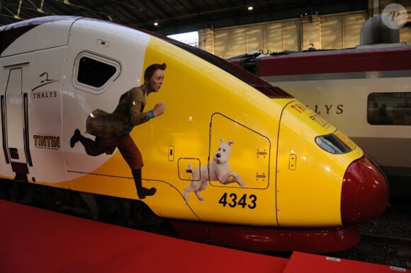 Le Thalys aux couleurs des Aventures de Tintin : Le Secret de la Licorne, à Bruxelles, le 22 octobre 2011.