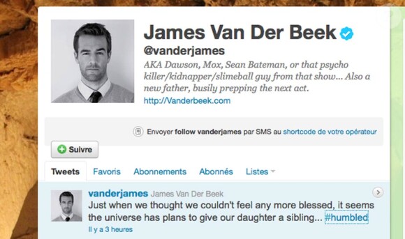 James Van Der Beek a annoncé le 26 octobre 2011 sur son compte Twitter que sa femme Kimberly et lui attendaient leur second enfant.