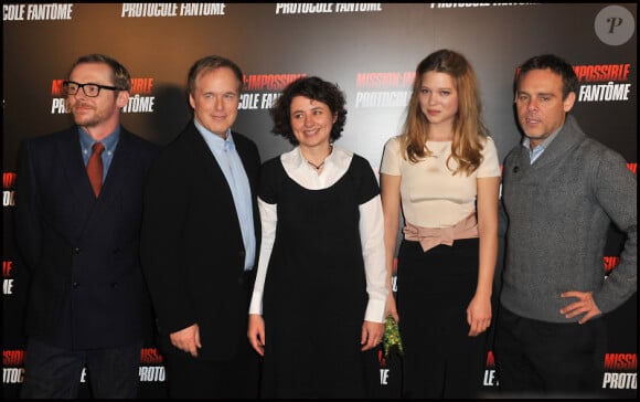 Simon Pegg, Brad Bird, Léa Seydoux et Brian Burk présentent Mission : Impossible - Protocole Fantôme à Paris, le 11 décembre 2011.